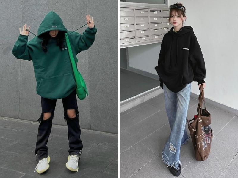 e9113f1b-phoi-do-voi-ao-hoodie-nu7 Một trong những cách phối đồ với áo hoodie nữ cá tính chính là mix cùng quần jean rách (Nguồn: Facebook Hades)